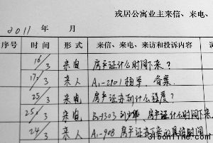在海口戎居公寓的業(yè)主來信、來電、來訪登記表中,幾乎全部與房產(chǎn)證有關(guān)。新華社記者 侯建森 攝 在海口戎居公寓的業(yè)主來信、來電、來訪登記表中,幾乎全部與房產(chǎn)證有關(guān)。新華社記者 侯建森 攝
