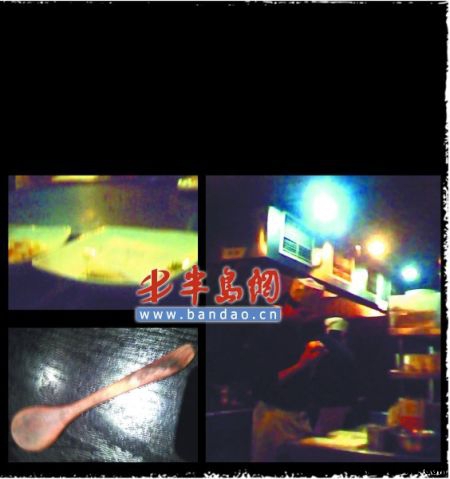 左上圖:傳菜單被直接放進菜里。左下圖:不少木勺已經發霉。右圖:廚房內偷吃現象很普遍。 左上圖:傳菜單被直接放進菜里。左下圖:不少木勺已經發霉。右圖:廚房內偷吃現象很普遍。