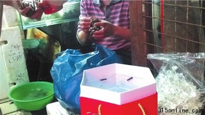 某海鮮市場內(nèi)的商販正在給普通蟹扣假的防偽戒指,一旁放著一大包假的防偽戒指。本版攝影本報記者潘之望 某海鮮市場內(nèi)的商販正在給普通蟹扣假的防偽戒指,一旁放著一大包假的防偽戒指。本版攝影本報記者潘之望
